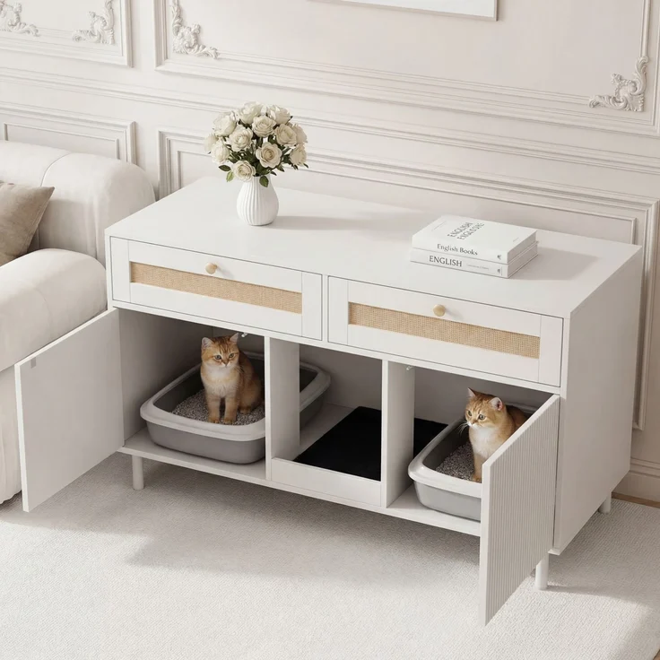Katzentoilettenschrank mit Katzenstreufangmatte, Katzenstreuschrank, Haustierschrank mit Rattanschublade, Haustier-Sideboard/TV-Schrank, ohne Katzenstreu-Box, Weiß, 120x50x65 cm – Bild 1