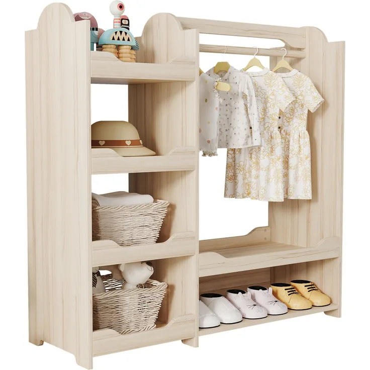 Kindergarderobe mit Sitzbank, Kleiderstange & vier offenen Regalen, aus Kiefer + E1-MDF, Natur, Kinderzimmer Aufbewahrungsschrank, Maße H110 × T39 × B110 cm