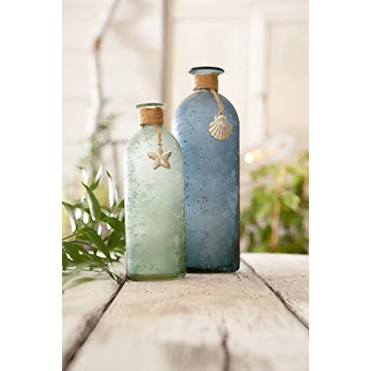 FRANK FLECHTWAREN Deko-Vase Maritim 2er Set, satiniertes Glas in Blau und Grün, Ø 7 x 20 cm und Ø 8 x 26 cm, handverziert mit Sisalschnur, Seestern und Muschel – Bild 1