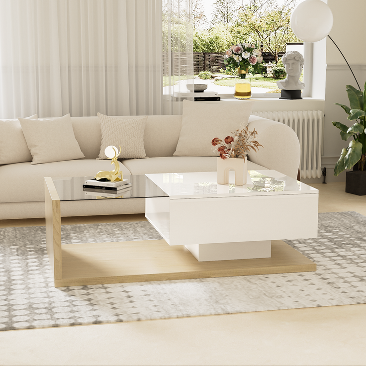 Couchtisch aus Spanplatte mit Glasplatte & LED-Licht, 105x55x32,5 cm, Weiß/Natural – Bild 3