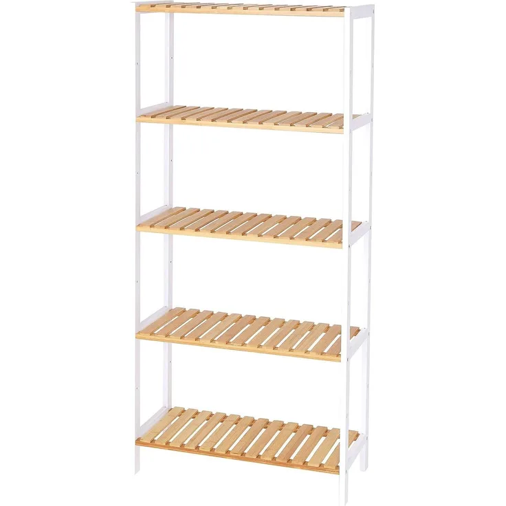 dibea Bambusregal mit 5 verstellbaren Ablageflächen, Schuhschrank, Badezimmerregal, Wohnzimmerregal, Standregal, Badregal, Bücherregal, Küchenregal, zu Regalwand kombinierbar, 60 x 26 x 130 cm (naturfarben / weiß)