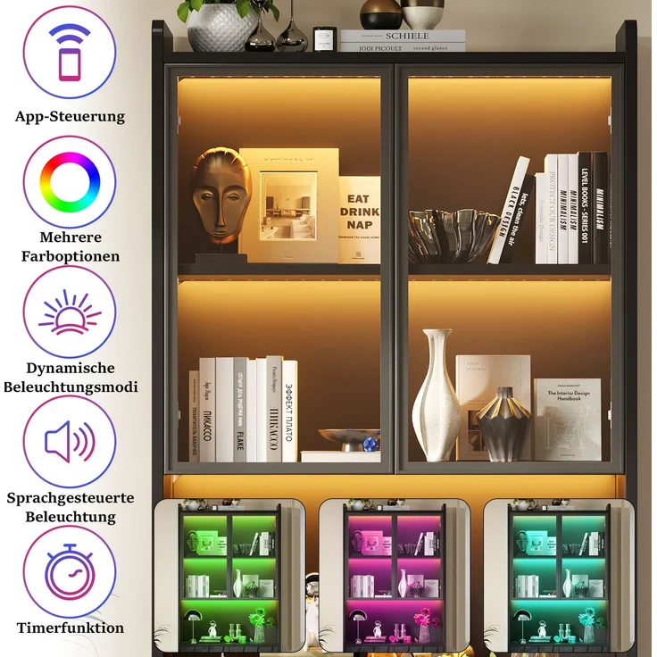 80x35x200cm LED Vitrine, Hochschrank mit Glasschranktüren, Hochschrank Glasvitrine mit LED und Offene Partition,Wohnzimmerschrank mit Glastüren, Küche, Arbeitszimmer, Eingangsbereich,Schwarz--Schwarz--80x35x200cm--YOUDENOVA – Bild 5