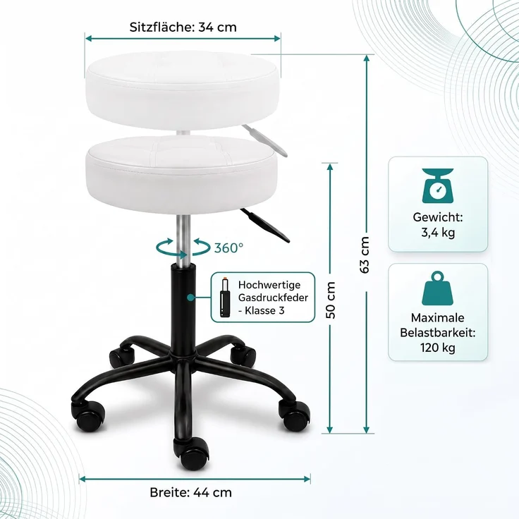 Movaro Rollhocker mit Metall-Basis und leisen Softrollen [Neues Modell] - höhenverstellbar, 360° drehbar, kratzfrei und stabil - ergonomischer Hocker mit Rollen | Arbeitshocker | Bürohocker 44x44x50-63 cm [Weiß] – Bild 2