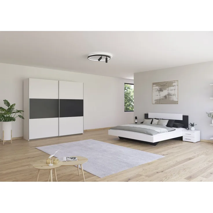 Schlafzimmer Borba in Weiß und Grau mit Schwebetürenschrank 4 teilig – in verschiedenen Bett- und Schrankvarianten wählbar - 4 teilig , Kleiderschrank 218cm Breite + Bett 180x200cm + 2 Nachttisch