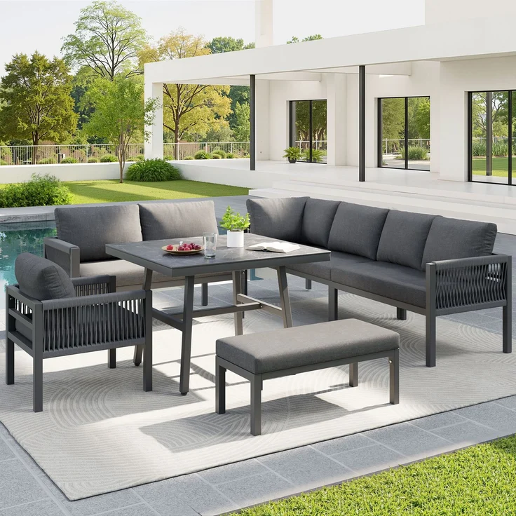 Merax Garten-Lounge-Set, Gartensofa-Garnitur in L-Form für bis zu 8 Personen / Robustes Eisengestell mit grauen Polstern / Komplett mit Tisch (Holzoptik Glas) & 1 Sessel, grau – Bild 2