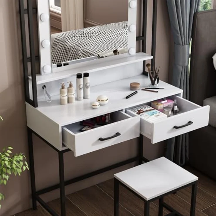 Vichy Schminktisch Luvia, 90 cm, Weiss/Schwarz mit LED-Beleuchtung und Hocker (40 x 40 x 146 cm) – Bild 4