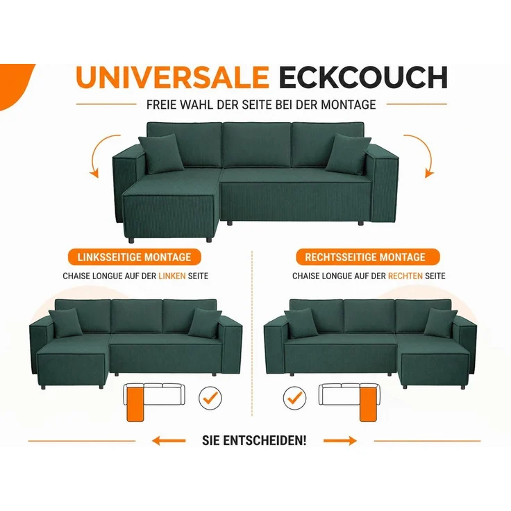 Beautysofa Ecksofa NEAPOL mit Schlaffunktion, Universal Ottomane, ausziehbar auf Rollen, komfortable Wellenfederung, Cord Stoff – Bild 4