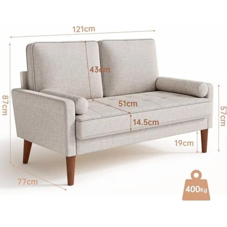 Vesgantti Sofa 2-Sitzer, 121 cm, Stoffcouch, Beigegrau, Couch 2 Sitzer mit 2 Wurfkissen, Kleine Stoffcouch mit Armlehne, Knöpfe Sitzkissen Gästesofa für Wohnzimmer/Wohnung/Büro – Bild 2