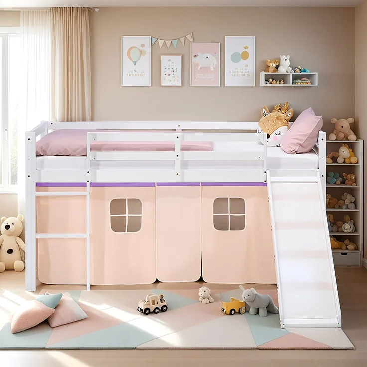 Hochbett Kinder 90x200 cm mit Rutsche Kinderbett Kinderhochbett Stockbett Vorhang Lila Peach Leiter Holz Massiv – Bild 8