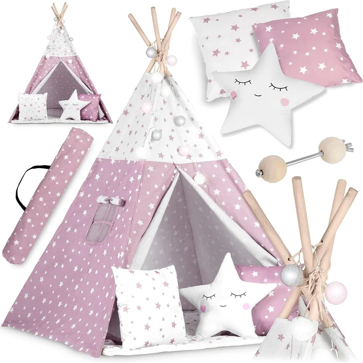 NUKIDO Kindertipi im Montessori-Stil Baumwolle und Holzrahmen mit Isoliermatte 3 Kissen Girlande Luftig 120 x 120 x 165 cm Rosa mit Sternen – Bild 1