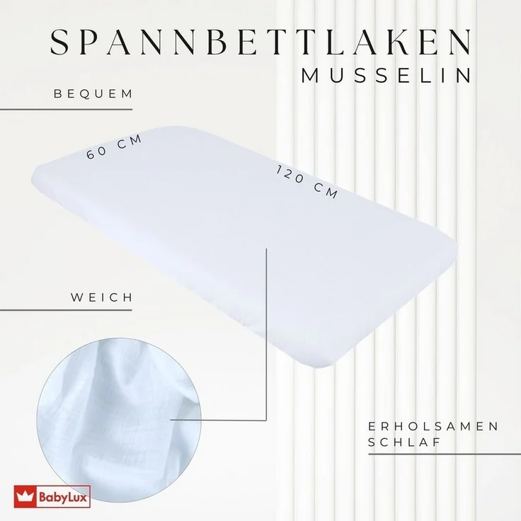 BabyLux Spannbettlaken BabyLux Spannbettlaken Musselin 60x120 70x140 Baby-& Kinderbett, Weiß 60x120 – Bild 3