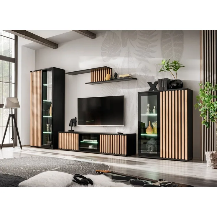Wohnwand Cameron in Schwarz und Hickory Jackson mit Beleuchtung und Lamellen 340 x 192 x 45