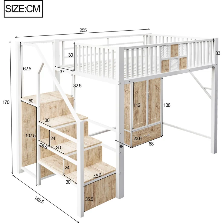 EINHOM Metall-Hochbett 140 x 200 cm mit Markantem Geländerdesign aus Holz und Metallgitter, Komplett mit Großem Kleiderschrank, Schubladen und Aufbewahrungsleiter, Weiß (Ohne Matratze) – Bild 2