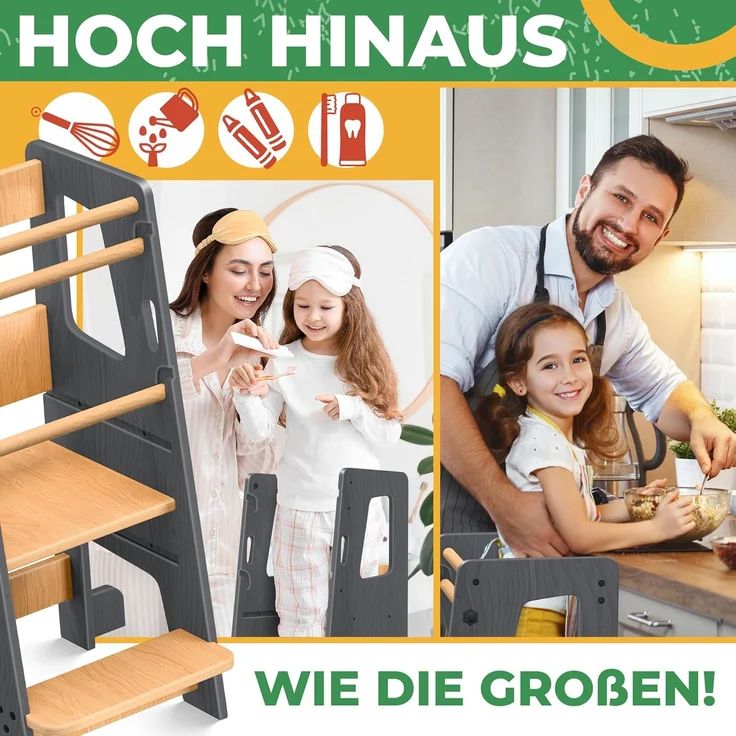 KIDIZ® Lernturm für Kinder ab 1 Jahr inkl. Lernuhr | 3-stufig Höhenverstellbarer Tritthocker aus Kiefernholz | spielerisch motorische Fähigkeiten fördern Montessori Learning Tower bis 50 kg belastbar Anthrazit / Hellbraun – Bild 4