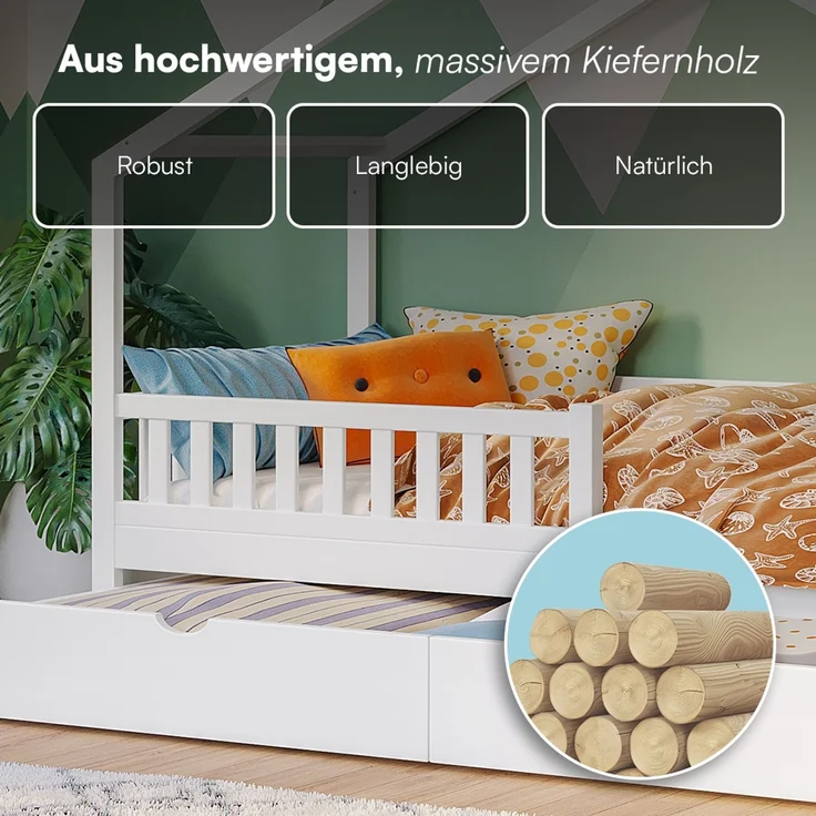 Bellabino 'Vils' Hausbett 90x200 cm mit großer Schublade, weiß, Kiefer Massivholz, Montessori Kinderbett mit Stauraum, inkl. Rausfallschutz und Lattenrost – Bild 7