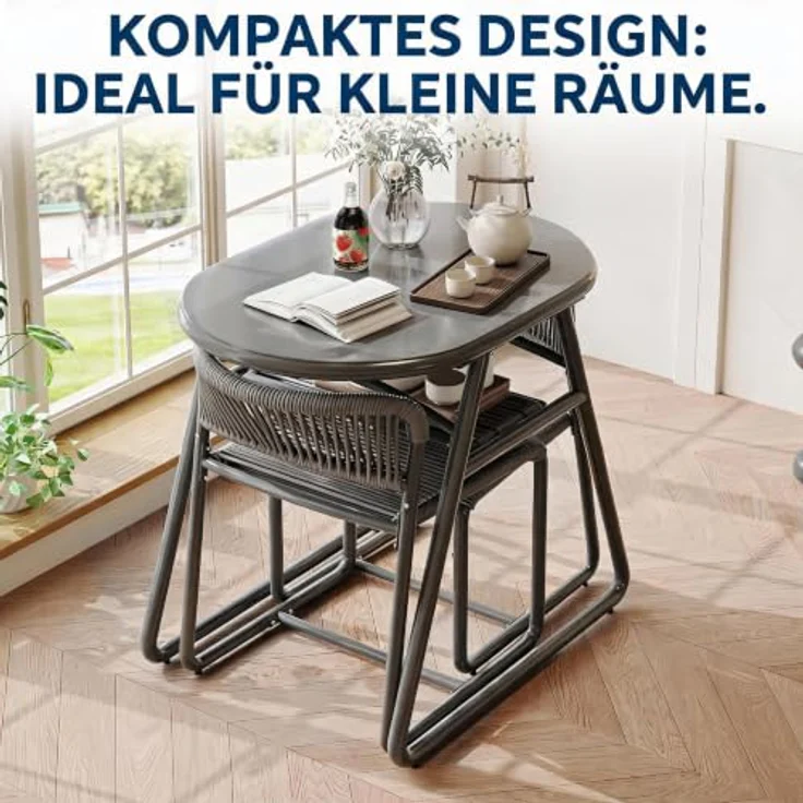GarveeHome Bistrotisch mit 2 Stühlen, Modernes 3-teiliges Bistro-Set für Garten, Balkonmöbel Set mit 80cm Tisch&2 Stühle aus wetterfestem, Terrassenmöbel Möbel Set für Kleinen Balkon（Grau） – Bild 2
