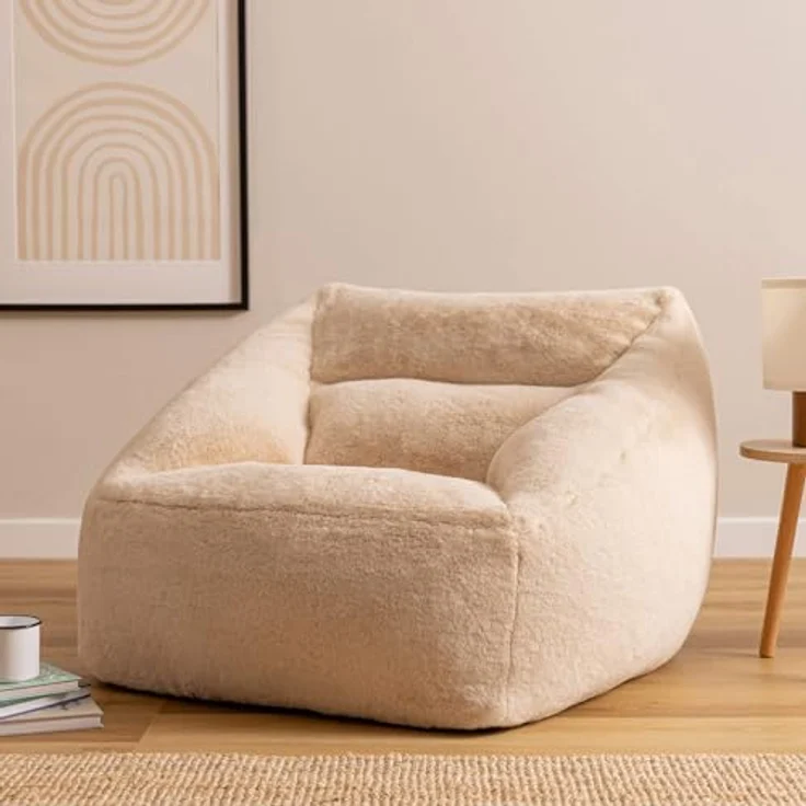 Icon Natalia Sitzsack Sessel für Erwachsene, Beige, Flauschiger Kaninchen Kunstfell Stoff, Riesen Sitzsack mit Füllung, Bean Bag Chair, Bequemer Sessel Wohnzimmer, Lounge, Schlafzimmer, Büro – Bild 5