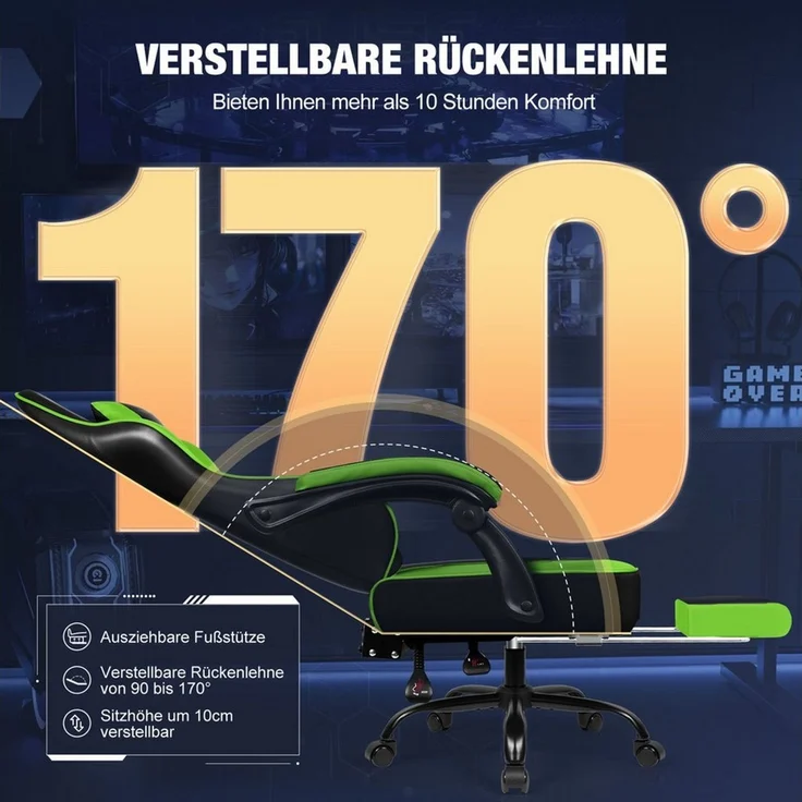 Hiazurm Gaming-Stuhl Gaming Stuhl Chair Gamer Sessel - Ergonomischer Gamer Stuhl (Tragkraft 150 Kg), Gamingstuhl mit Fußstütze Kopfstütze und Lordosenstütz PC Sessel – Bild 3