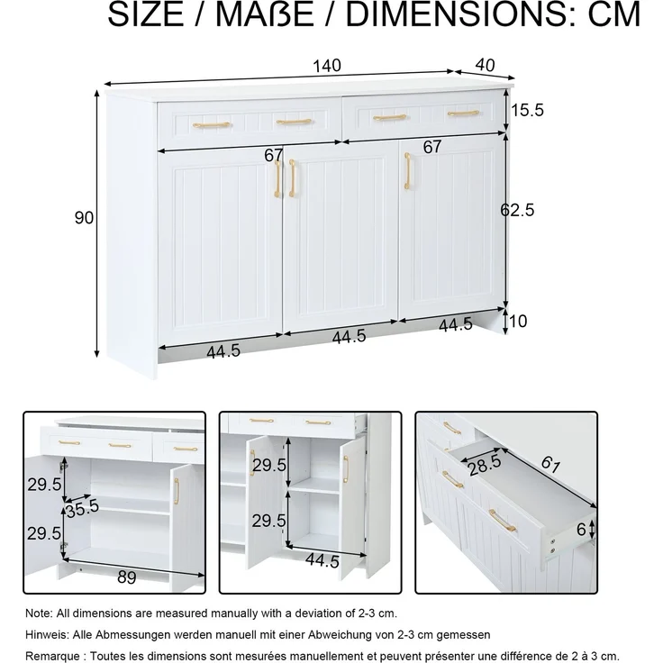 Flieks Sideboard 140 x 40 x 90 cm mit 2 Schubladen, 3 Türen, verstellbaren Einlegeböden und goldenen Griffen, Weiß – Bild 4