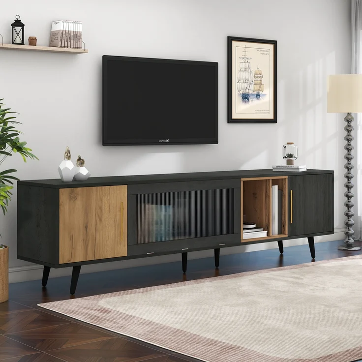TV-Schrank Lowboard aus MDF mit Klappglasfront & Kabelmanagement, für bis zu 90 Zoll, 200x40x55,5 cm, Grau – Bild 2