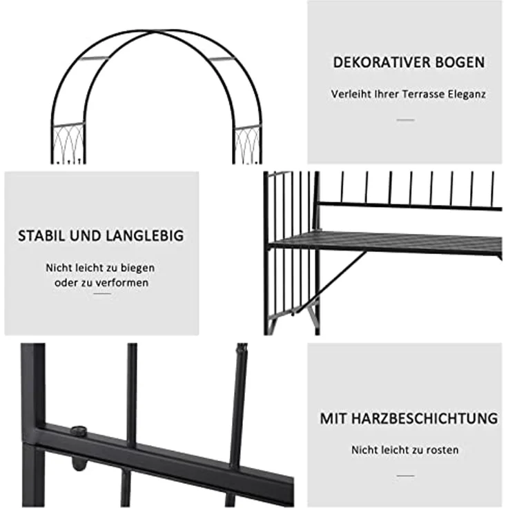 Outsunny Gartenbank Laubenbank Philosophenbank Rankgitter Rankhilfe (Rosenbank, 1-St, Rosenbogen mit Bank), Metall Schwarz 115 x 59 x 203 cm – Bild 4