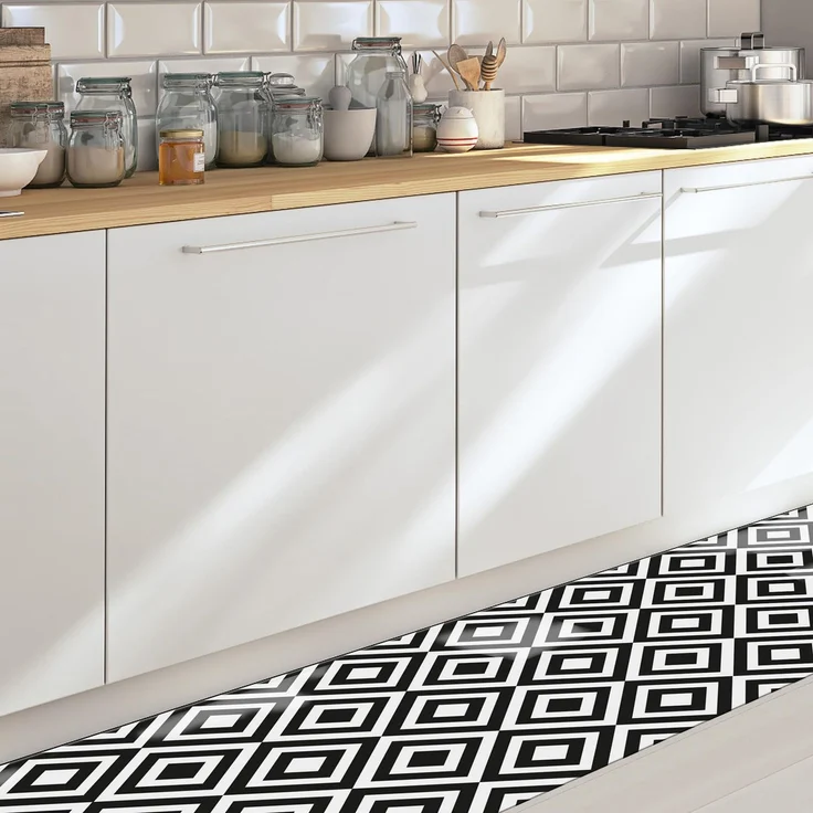 CREARREDA Läufer Teppich Küchenteppich Black & White 50x120 Isolierend, feuerhemmend, Kratzfest, hypoallergen, leicht zu waschender Vinyl Teppich. Komplett in Italien hergestellt