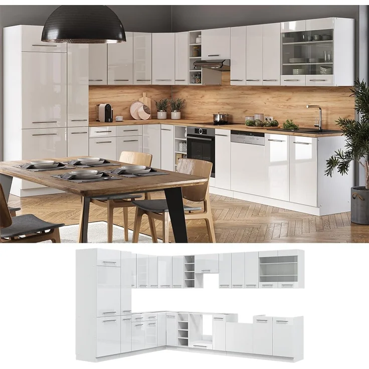 Eckküche Fame-Line Weiß Hochglanz/Weiß 347 x 257 cm, AP Anthrazit Vicco – Bild 7