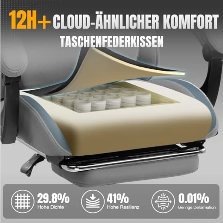 GTPLAYER Gaming-Stuhl Ergonomischer Gaming Sessel Schreibtischstuhl Gamer Stuhl aus Stoff, Federsitzkissen mit Fußstütze – Bild 10