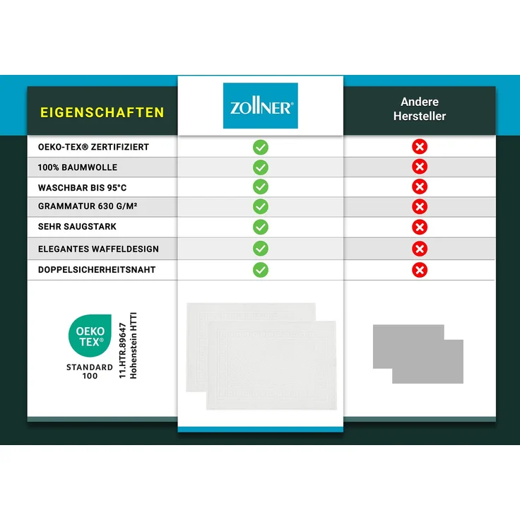 ZOLLNER 2er Set Badematte Badvorleger mit Waffelmuster, 100% Baumwolle, 50x70 cm, weiß – Bild 6