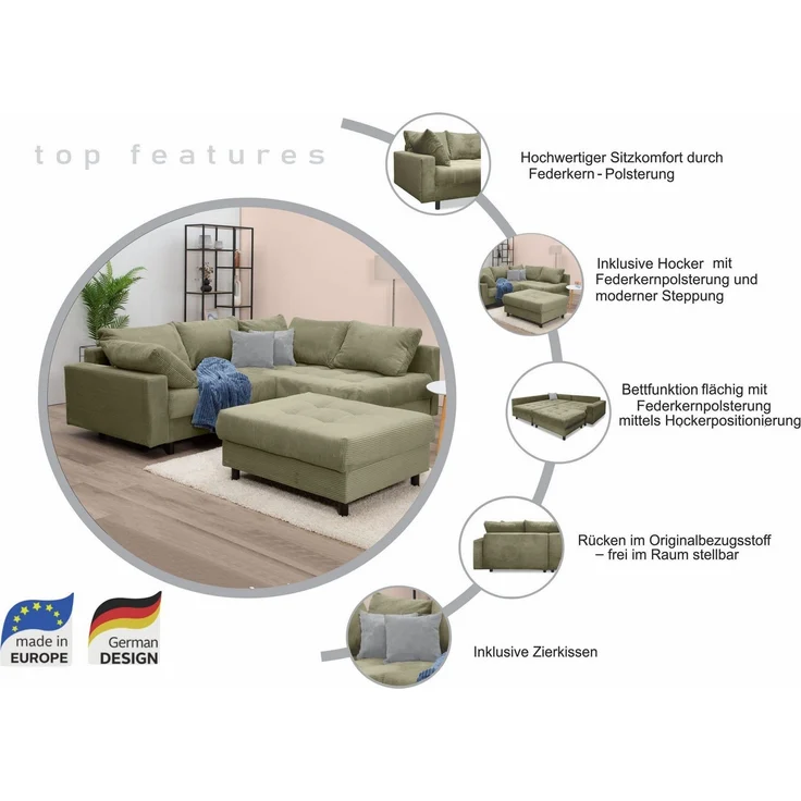 COLLECTION AB Ecksofa Toni L-Form, B: 215 cm, mit Hocker & 2 Zierkissen, Federkern – Bild 2