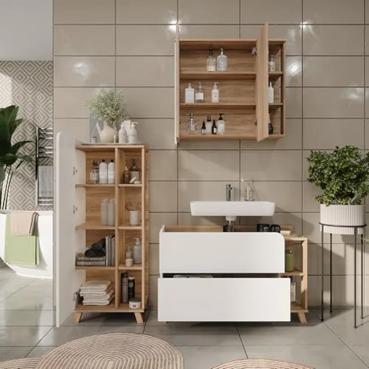 Vichy Badmöbel-Set Karen, Sonoma/Weiss, 3 Teile mit integrierter Beleuchtung und geräumigem Waschbeckenunterschrank – Bild 7