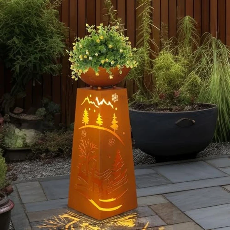 LED Dekosäule mit Blumenschale, Metall, Rost, H 59 cm – Bild 5