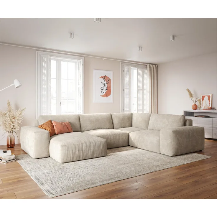 Wohnlandschaft Lanzo XL 360x260 cm Cord Beige Recamiere variabel