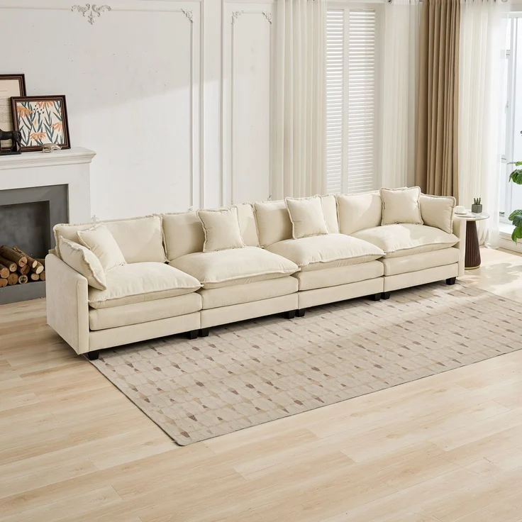 ZUBALIYA Sofa mit LED - Beleuchtung, mit Chenille - Bezug, mit Cordbezug, modular aufgebaut, aus Chenille, Beige – Bild 4