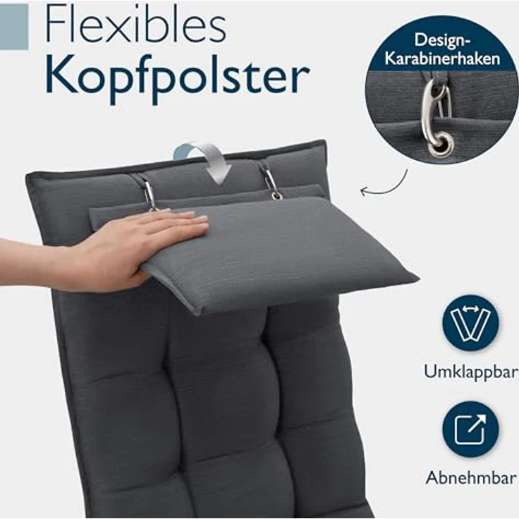 Beautissu Hochlehnerauflage 6er Set Sun-HL, 120x50x8cm, Anthrazit, mit Kopfpolster, rutschfest, robust, UV 5, Befestigungsbänder – Bild 6