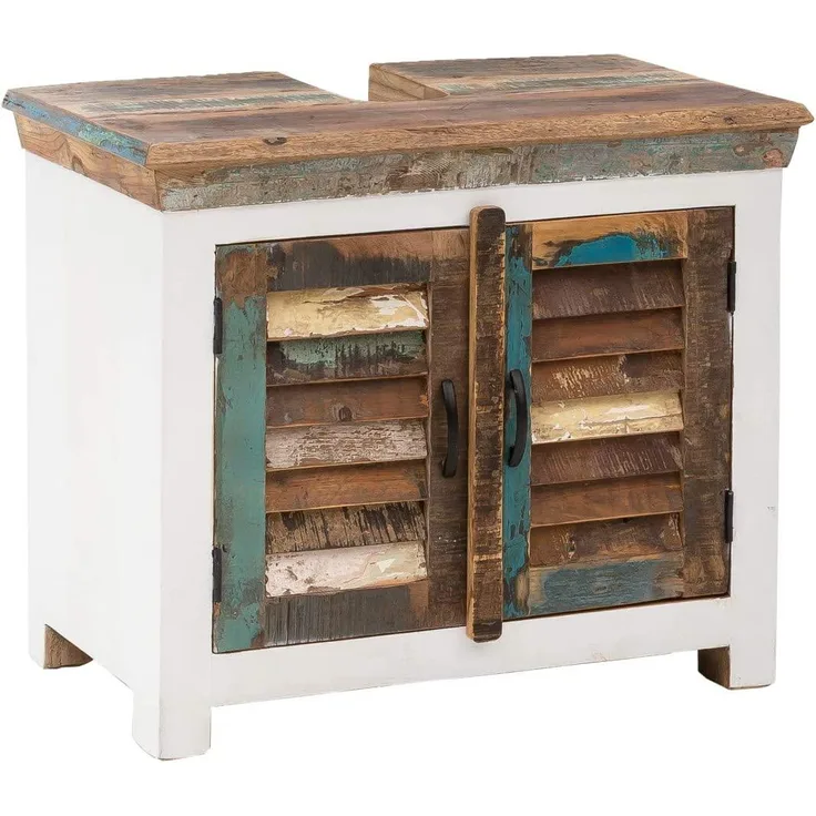 Waschbeckenunterschrank Perth weiß 70x60x43 cm massivum Badschrank Altholz recycelt Landhausstil Shabby Chic Badmöbel rustikal