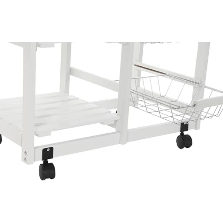 DRW Doppel-Küchenwagen aus weißem Holz mit 2 Schubladen, Weinregal, Körben und Regalen, 67 x 37 x 79 cm – Bild 4