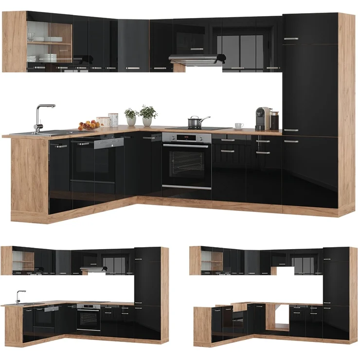 Eckküche R-Line Schwarz Hochglanz/Goldkraft Eiche 287 x 227 cm, AP Eiche Vicco – Bild 6