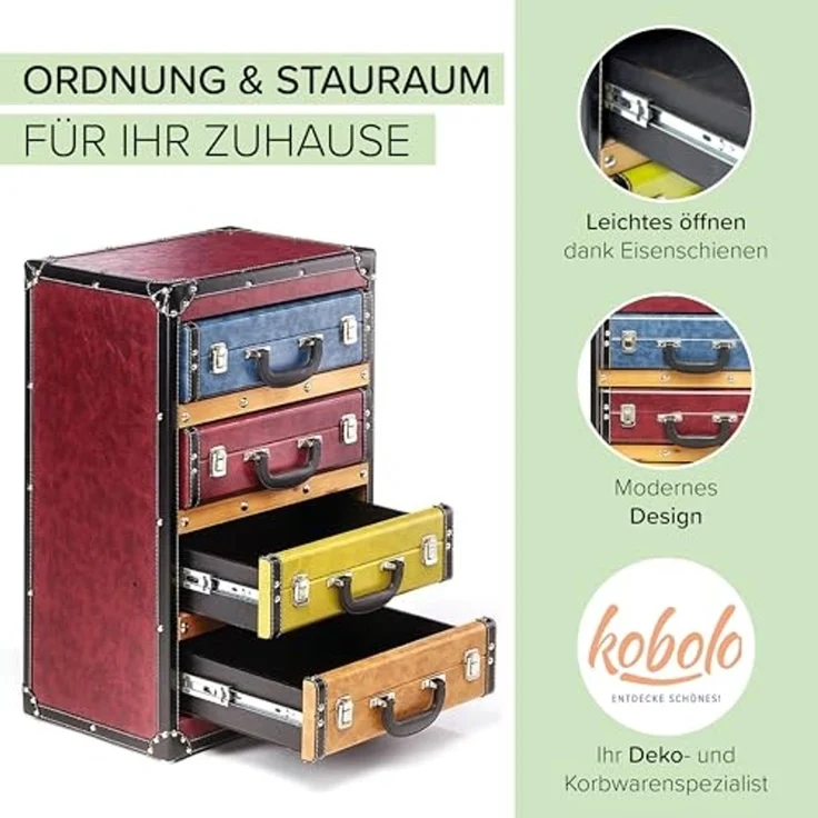 Kobolo Regal Kommode Schubladenturm Kofferoptik -bunt- 4 Fächer – Bild 4
