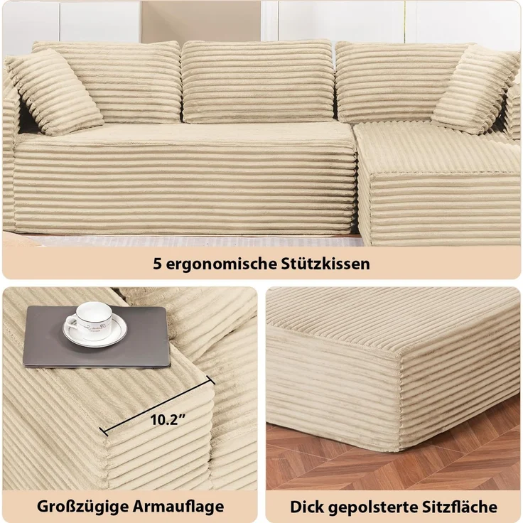COMHOMA Sofa Big-Sofa, L-förmige Sofa, Couch Ecksofa, Chaiselongue Schlafsofa, mit tiefer Sitzfläche und breiten Armlehnen, Cordstoff – Bild 7