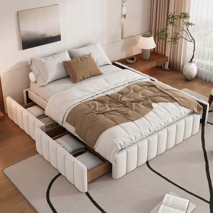 Futonbett mit Lattenrost und 4 Schubladen, 140x200 cm, ohne Kopfteil, Bezug aus Samt – Bild 1