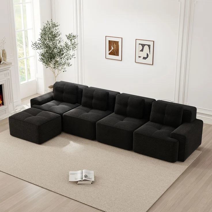 EINHOM Boneless Sofas für Wohnzimmer, Modulares Sofa mit L-förmiger Chaiselongue, 4-Sitzer Bequem Polstertes Tiefsitz Corduroy-Cloud-Sofa, Montagefreies Sofa, Rutschfestes Design, Schwarz – Bild 4