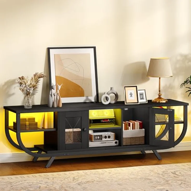 YITAHOME Industrielles TV-Schrank, TV Lowboard für Fernseher bis zu 55 Zoll mit LED-Beleuchtung,Wohnzimmer Fernsehschrank TV Board mit Offenen Stauraum (Schwarz, 140CM) – Bild 5