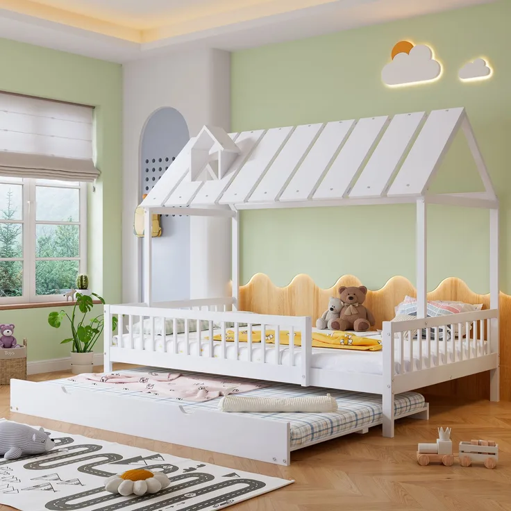 Hausbett Kinderbett 120x200 mit Rollbett Dach Kaminleiste Kiefer MDF Lattenrost weiß Jugendbett Schlafplatz