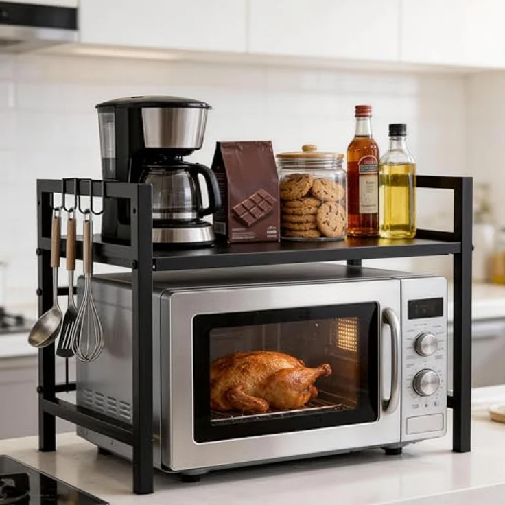 Ribelli Erweiterbares Mikrowellenregal 2 Stufig, Küchenregal Stehend Stahl, Mikrowellen Regal mit 3 Haken, Mikrowellenständer für Arbeitsplatte, Vorratsregal Bäckerregal, Schwarz – Bild 3