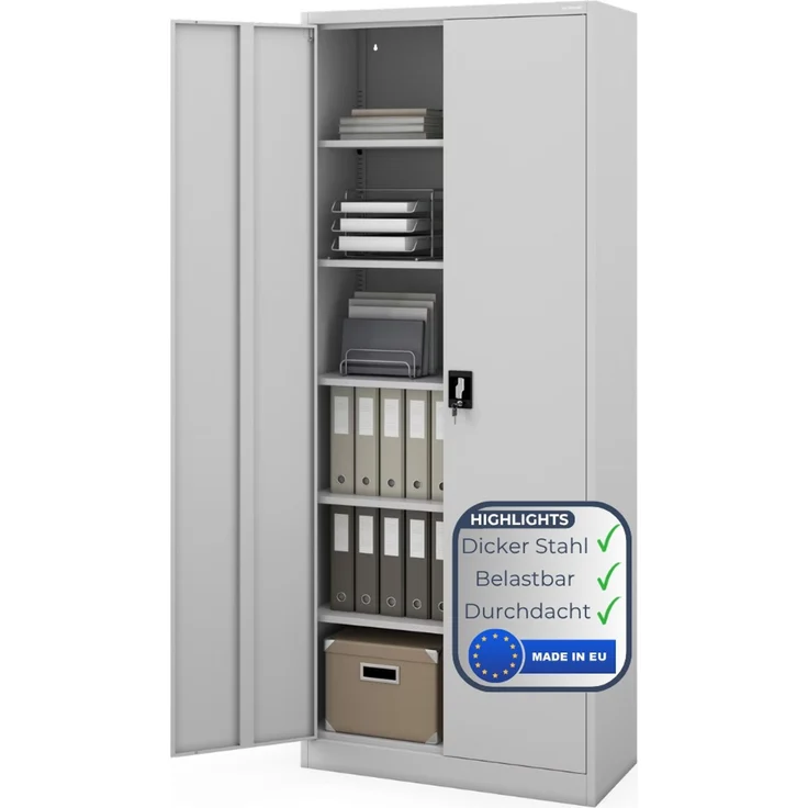 Aktenschrank abschließbar KADO - 6 Ebenen verstellbar, Flügeltüren | Metallschrank Werkstatt Mehrzweckschrank Büroschrank aus Stahl Werkzeugschrank, 220 x 90 x 40 cm Grau – Bild 1