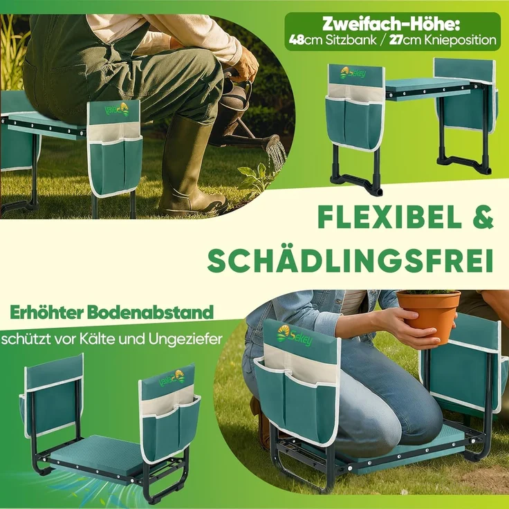 Sekey Höhenverstellbare Kniebank für Gartenarbeit Belastbarkeit 180KG, Gartenhocker Klappbar mit Werkzeugtaschen, Knie Komfort Garten, Grün – Bild 6