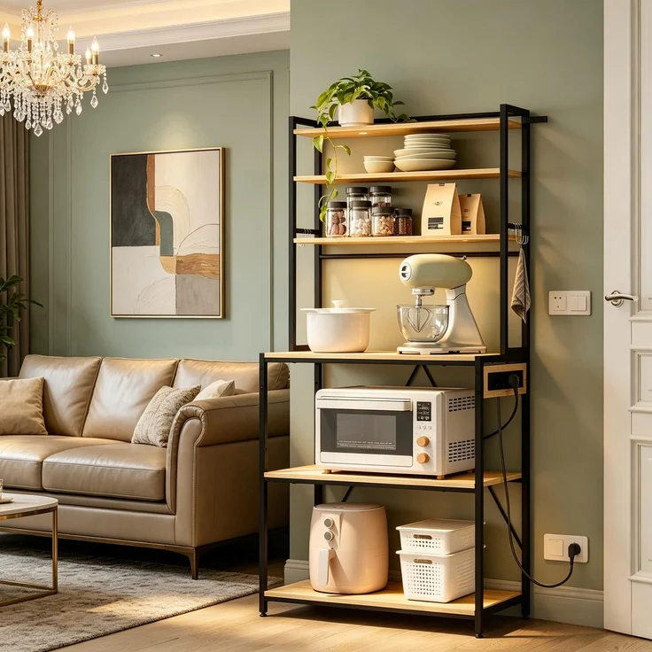 Moderner Stil Display-Regal,Coffee Bar Station,Küchenregal mit Steckdosen,Küchenkomode,Mini Küche Arbeitsstation--Helles Eichenholz--40x80x167cm--YOUDENOVA – Bild 5
