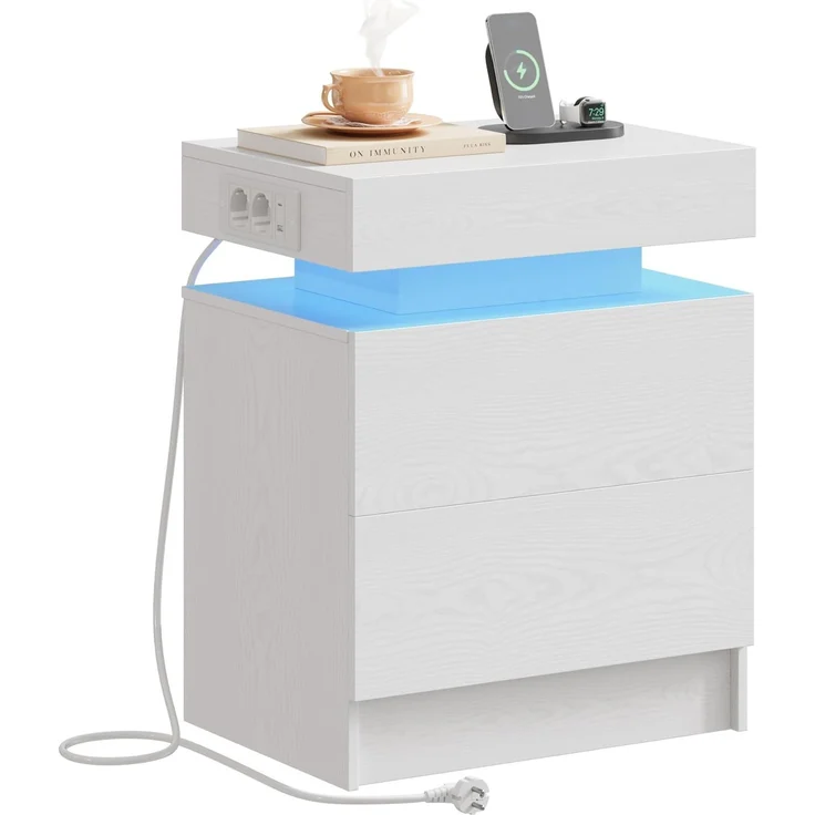 IRONCK Nachttisch Weiß mit LED-Licht & Ladefunktion, Beistelltisch mit USB+Typ-C Anschlussen, Nachtschrank mit 2 Schubladen, Sofatisch für Schlafzimmer, Wohnzimmer, 35 x 48 x 60 cm – Bild 1