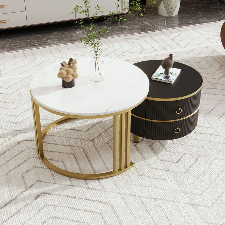 Couchtisch 2-teilig Set rund mit Marmormuster Gold und Schwarz Hochglanz Tischplatte mit Schubladen Stauraum – Bild 3